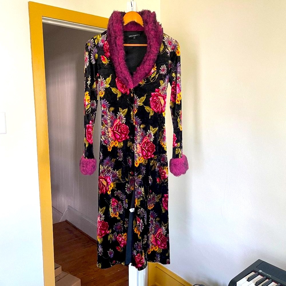 Vintage Betsey Johnson Faux fur trimmed floral coat